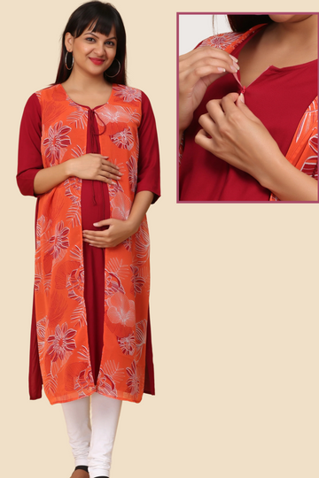 Red & Orange Floral Feeding Kurta with Layered Design | 1 Vertical Zip | Suitable for Pregnancy & Nursing