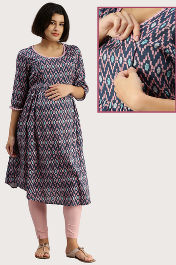Feeding Kurta with Stylish Print | 2 Vertical Zips | Perfect for Pregnancy & Breastfeeding