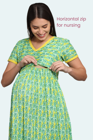 Yellow and Green Floral Maternity Dress | 1 Horizontal Zipper | Perfect for Pregnancy & Breastfeeding