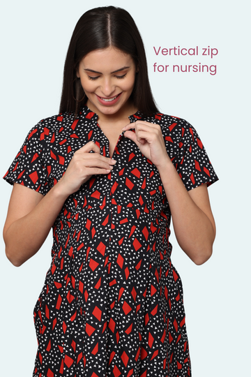 Geometric Print Maternity Dress | 2 Vertical Zippers | Perfect for Pregnancy & Breastfeeding