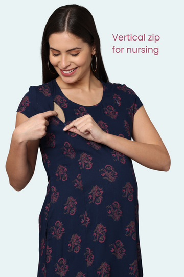 Navy Blue Maternity Dress with Paisley Print | 2 Vertical Zippers | Perfect for Pregnancy & Breastfeeding