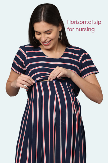 Navy Blue Striped Maternity Dress |  Horizontal Zipper | Perfect for Pregnancy & Breastfeeding