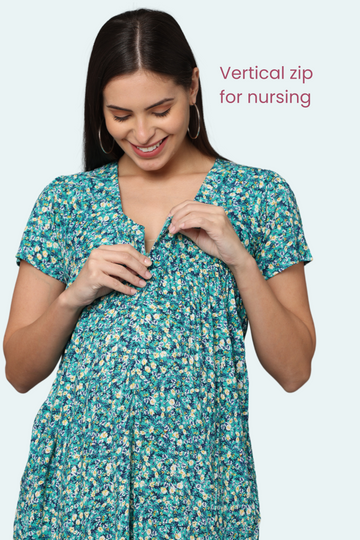 Teal Floral Maternity Dress with Front Vertical  Zipper | Ideal for Pregnancy & Breastfeeding