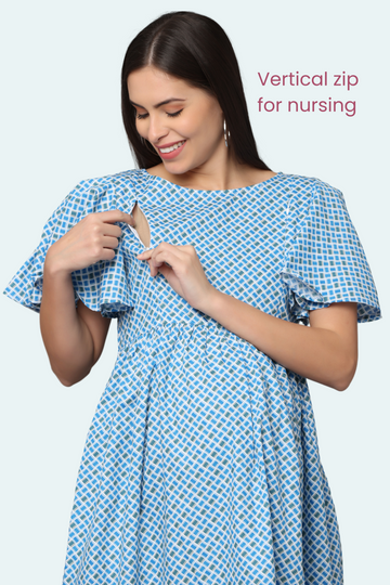 Blue Geometric Maternity Dress with Flutter Sleeves |  2 Vertical Zippers | Ideal for Pregnancy & Breastfeeding