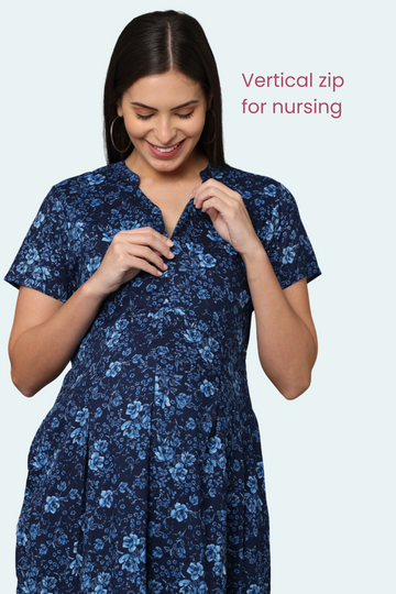 Navy Blue Floral Maternity Dress with Front  Vertical Zipper | Perfect for Pregnancy & Breastfeeding