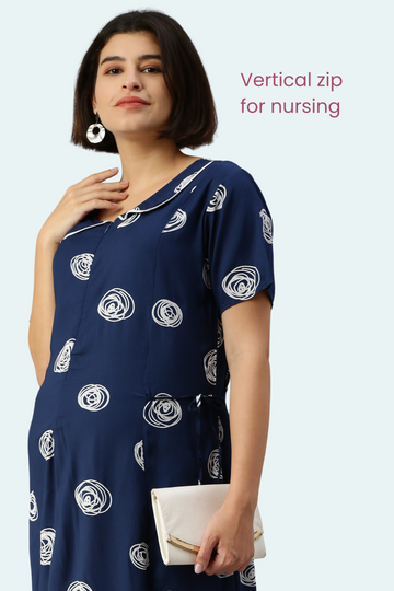 Navy Blue Maternity Dress with Modern Print | Front Vertical Zipper | Perfect for Pregnancy & Breastfeeding