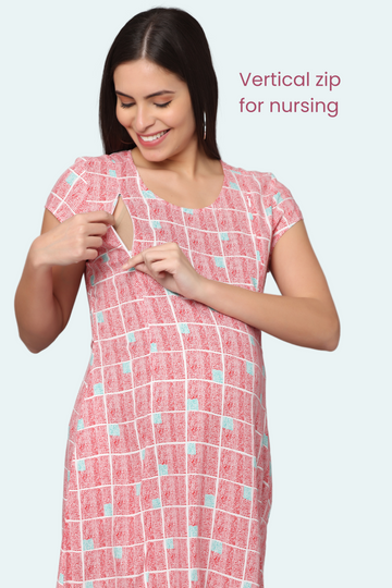 Pink and White Checkered Maternity Dress with Front 2 Vertical Zippers | Perfect for Pregnancy & Breastfeeding