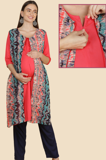 Coral & Multicolor Feeding Kurta with Layered Ikat Print | 1 Vertical Zip | Suitable for Pregnancy & Nursing
