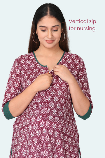 Maroon Printed Feeding Kurta with Vertical Zip | Suitable for Pregnancy & Breastfeeding