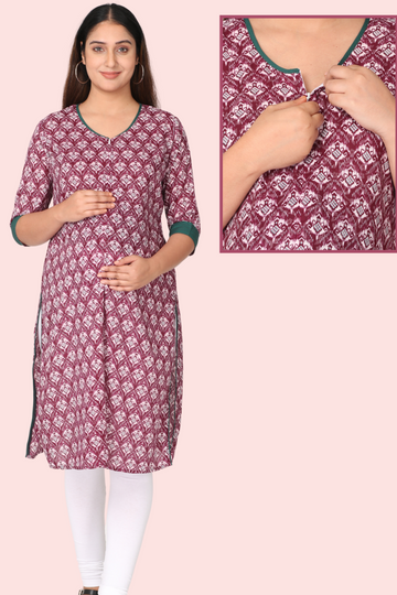 Maroon Printed Feeding Kurta with Vertical Zip | Suitable for Pregnancy & Breastfeeding