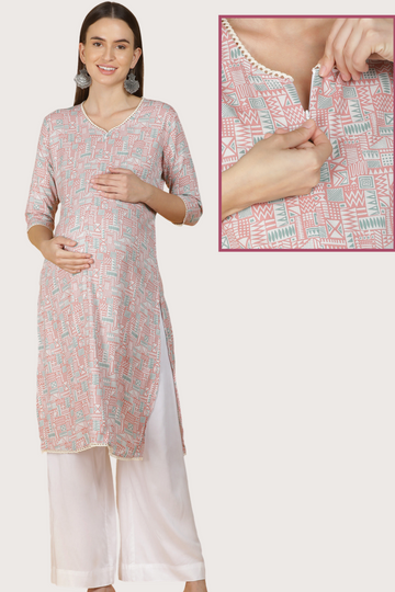 Pastel Geometric Print Feeding Kurta | 1 Vertical Zip | Ideal for Pregnancy & Breastfeeding