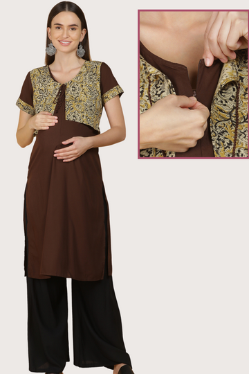 Brown Feeding Kurta with Printed Layered Design | 1 Vertical Zip | Ideal for Pregnancy & Breastfeeding