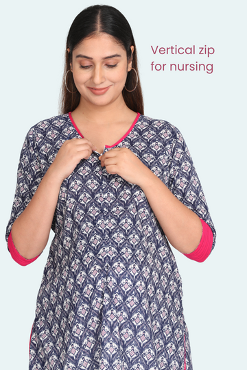 Navy Blue Printed Feeding Kurta with Zip | 1 Vertical Zipper | For Pregnancy & Breastfeeding
