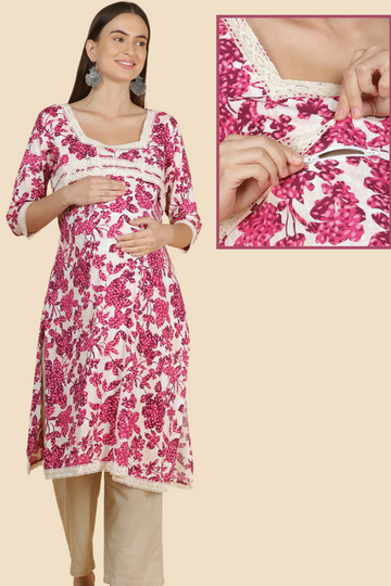 White & Pink Floral Nursing Kurta | 1 Horizontal Zip | Perfect for Pregnancy & Breastfeeding