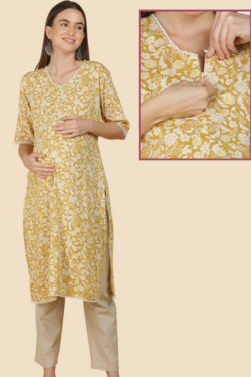 Yellow Floral Feeding Kurta with Vertical Zip | Suitable for Pregnancy & Nursing