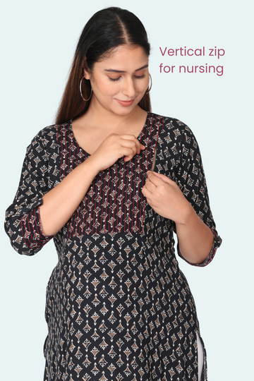 Black Printed Feeding Kurta with 2 Vertical Zippers | Perfect for Pregnancy & Nursing