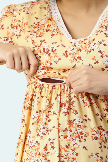 Yellow Floral Maternity Dress with Lace Trim | Horizontal Zipper | Ideal for Pregnancy & Breastfeeding