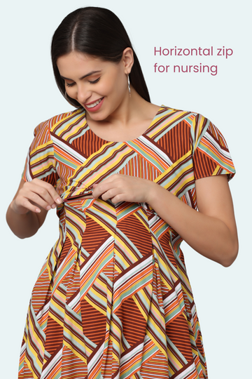 Bold Geometric Maternity Dress | 1 Horizontal Zipper | Perfect for Pregnancy & Breastfeeding