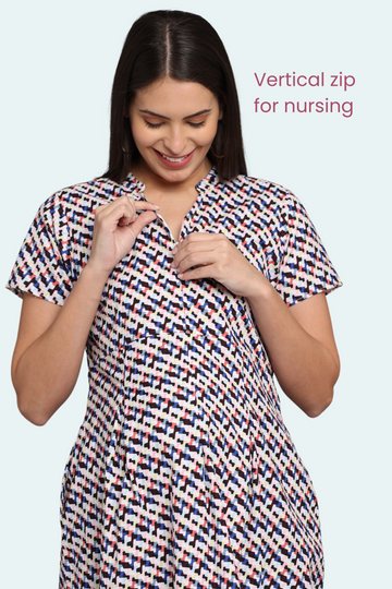 Patterned Maternity Dress with Front Vertical Zipper | Perfect for Pregnancy & Breastfeeding