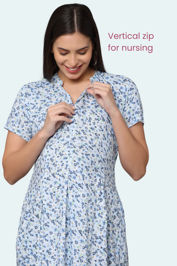 Delicate Floral Maternity Dress with Front Vertical Zipper | Perfect for Pregnancy & Breastfeeding