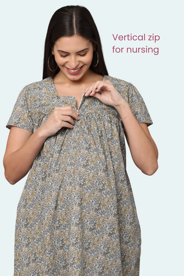 Neutral Floral Maternity Dress with Square Neck and Front Vertical  Zipper | Perfect for Pregnancy & Breastfeeding