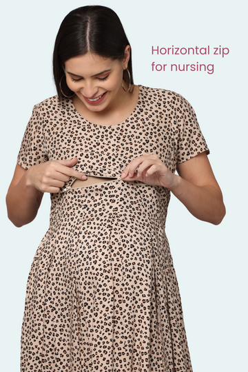 Leopard Print Maternity Dress | 1 Horizontal Zipper | Ideal for Pregnancy & Breastfeeding