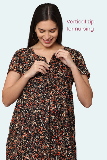 Autumn Floral Print Maternity Dress with Front Vertical Zipper | Perfect for Pregnancy & Breastfeeding