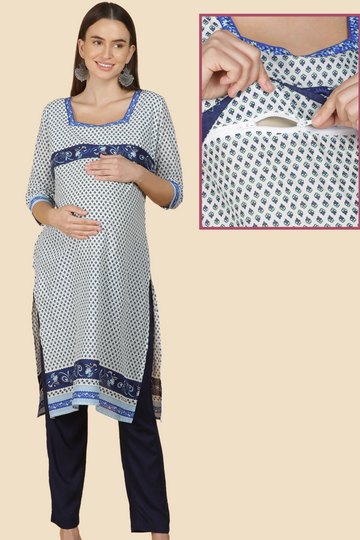 White & Blue Printed Feeding Kurta with Horizontal Zip | Perfect for Pregnancy & Breastfeeding