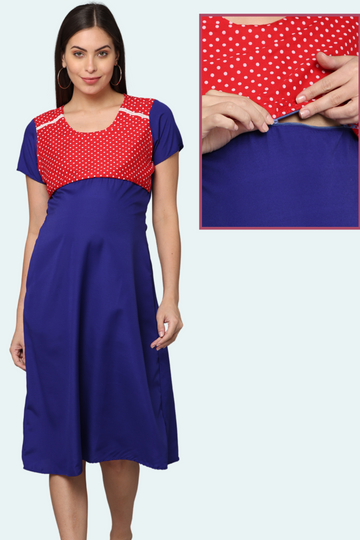 Royal Blue Maternity Gown with Red Polka Dot Yoke | Horizontal Zip Closures | Ideal for Pregnancy & Breastfeeding