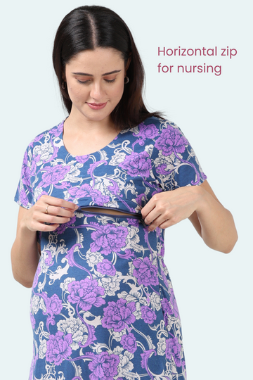 Floral Blue Maternity Gown | Horizontal Zip Closures | Ideal for Pregnancy & Breastfeeding