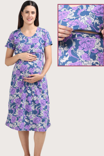 Floral Blue Maternity Gown | Horizontal Zip Closures | Ideal for Pregnancy & Breastfeeding
