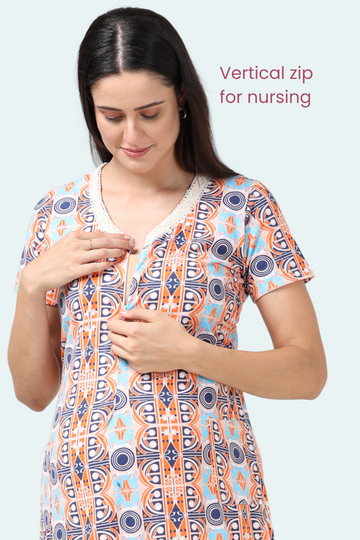 Geometric Orange-Blue Maternity Gown | Single Front Vertical Zip Closure | Ideal for Pregnancy & Breastfeeding