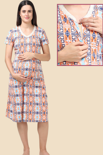 Geometric Orange-Blue Maternity Gown | Single Front Vertical Zip Closure | Ideal for Pregnancy & Breastfeeding