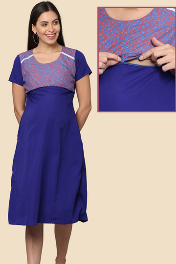 Royal Blue Maternity Gown with Patterned Yoke | Horizontal Zip Closures | Perfect for Pregnancy & Breastfeeding