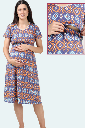 Tribal Print Maternity Gown | Horizontal Zip Closures | Ideal for Pregnancy & Breastfeeding