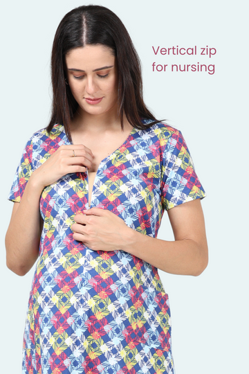 Geometric Print Maternity Gown | Single front Vertical Zip Closure | Ideal for Pregnancy & Breastfeeding
