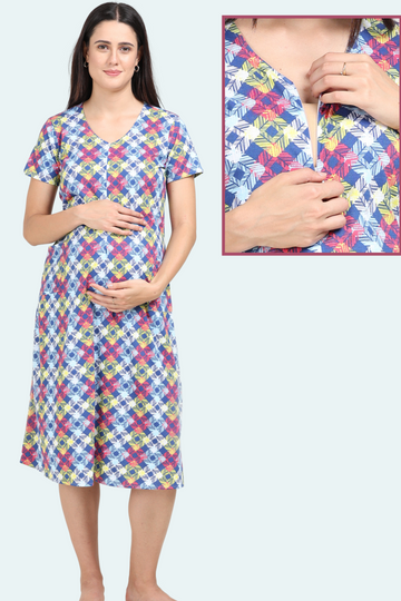 Geometric Print Maternity Gown | Single front Vertical Zip Closure | Ideal for Pregnancy & Breastfeeding