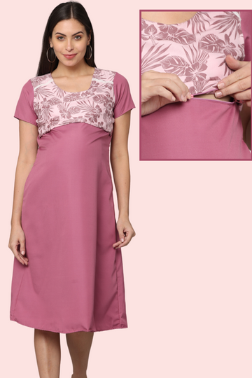 Dusty Rose Maternity Gown with Floral Yoke | Dual Horizontal Zip Closures | Ideal for Pregnancy & Breastfeeding