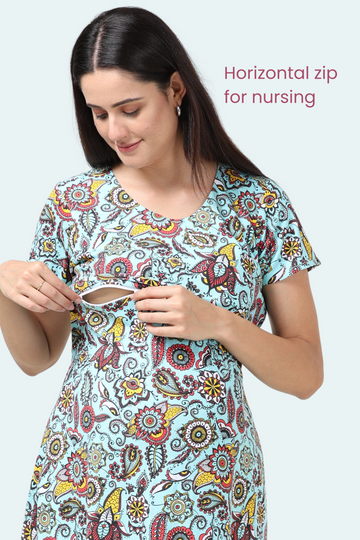 Vibrant Paisley Maternity Gown | Horizontal Zip Closures | Perfect for Pregnancy & Breastfeeding