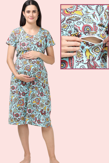 Vibrant Paisley Maternity Gown | Horizontal Zip Closures | Perfect for Pregnancy & Breastfeeding