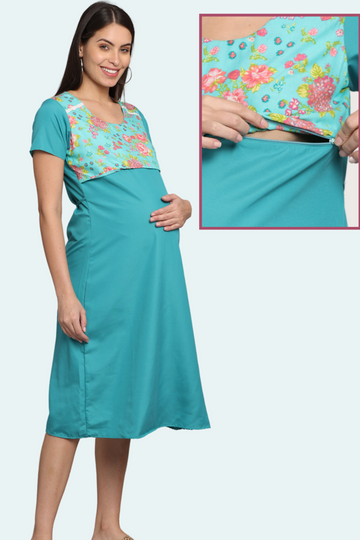 Teal Maternity Gown with Floral Yoke | Horizontal Zip Closures | Ideal for Pregnancy & Breastfeeding