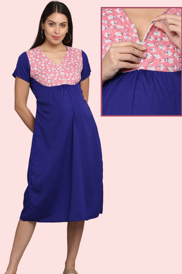 Navy Blue Maternity Gown with Pink Floral Yoke | Single Vertical Zip Closure | Ideal for Pregnancy & Breastfeeding