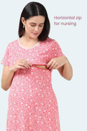 Soft Pink Floral Maternity Gown | Horizontal Zip Closures | Ideal for Pregnancy & Breastfeeding