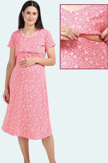 Soft Pink Floral Maternity Gown | Horizontal Zip Closures | Ideal for Pregnancy & Breastfeeding