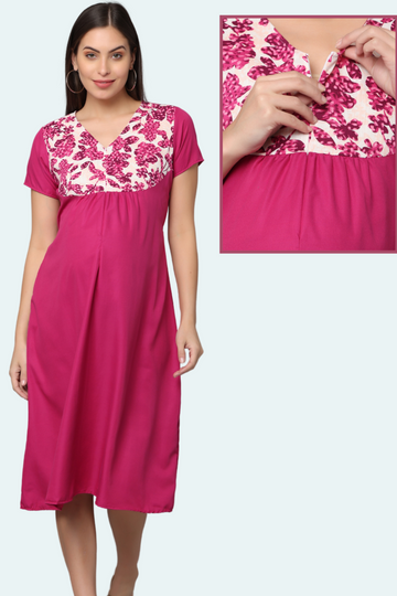 Elegant Pink Maternity Gown | Single Vertical Zip Closure | Ideal for Pregnancy & Breastfeeding