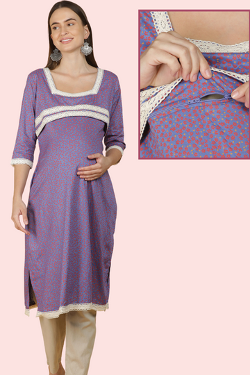 Purple Feeding Kurta with Delicate Print | 1 Horizontal Zip | Ideal for Pregnancy & Breastfeeding