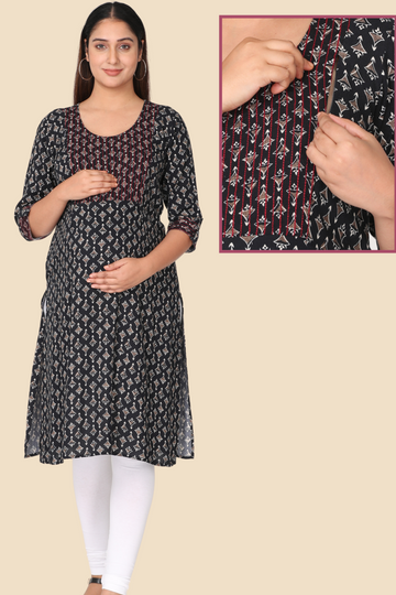Black Printed Feeding Kurta with 2 Vertical Zippers | Perfect for Pregnancy & Nursing