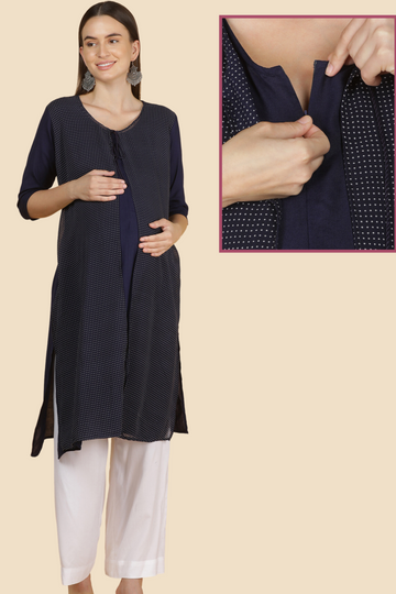 Navy Blue Layered Feeding Kurta with Polka Dot Pattern | 1 Vertical Zip | Suitable for Pregnancy & Nursing