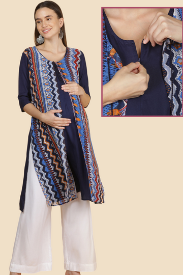 Navy Blue Floral Feeding Kurta with Layered Design | 1 Vertical Zip | Perfect for Pregnancy & Nursing