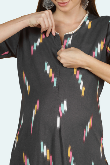 Black Feeding Kurta with Colorful Abstract Print | 1 Vertical Zip | Ideal for Pregnancy & Nursing